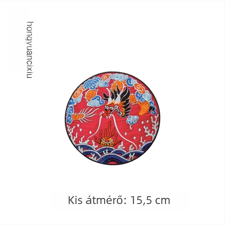 Sárkány hímzett kör alakú textilapplikáció Hanfu ruházathoz, díszítéshez