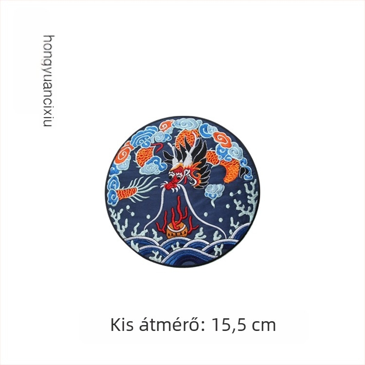 Sárkány hímzett kör alakú textilapplikáció Hanfu ruházathoz, díszítéshez