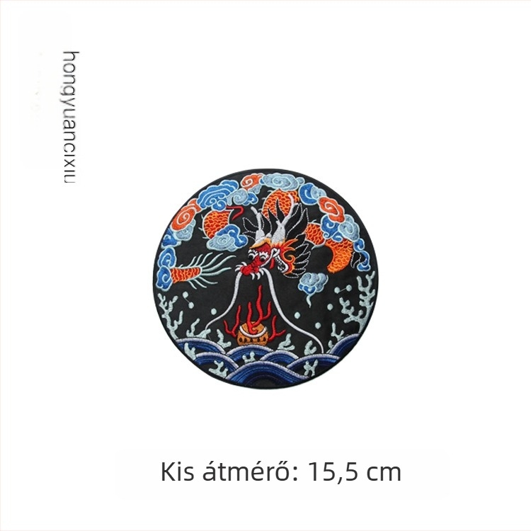 Sárkány hímzett kör alakú textilapplikáció Hanfu ruházathoz, díszítéshez