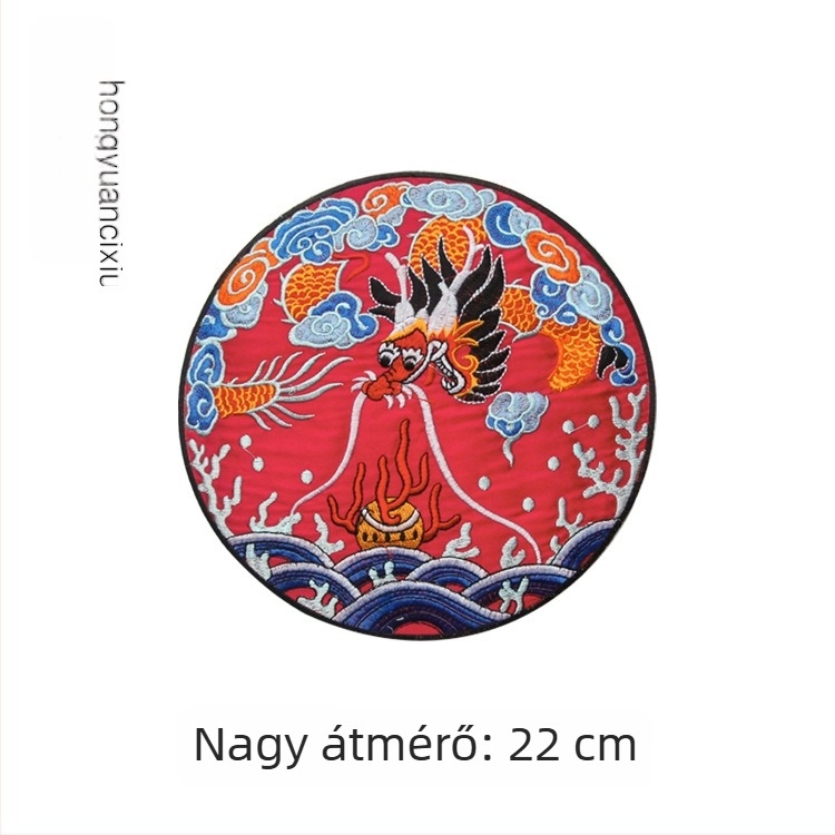 Sárkány hímzett kör alakú textilapplikáció Hanfu ruházathoz, díszítéshez