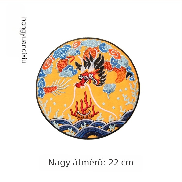 Sárkány hímzett kör alakú textilapplikáció Hanfu ruházathoz, díszítéshez