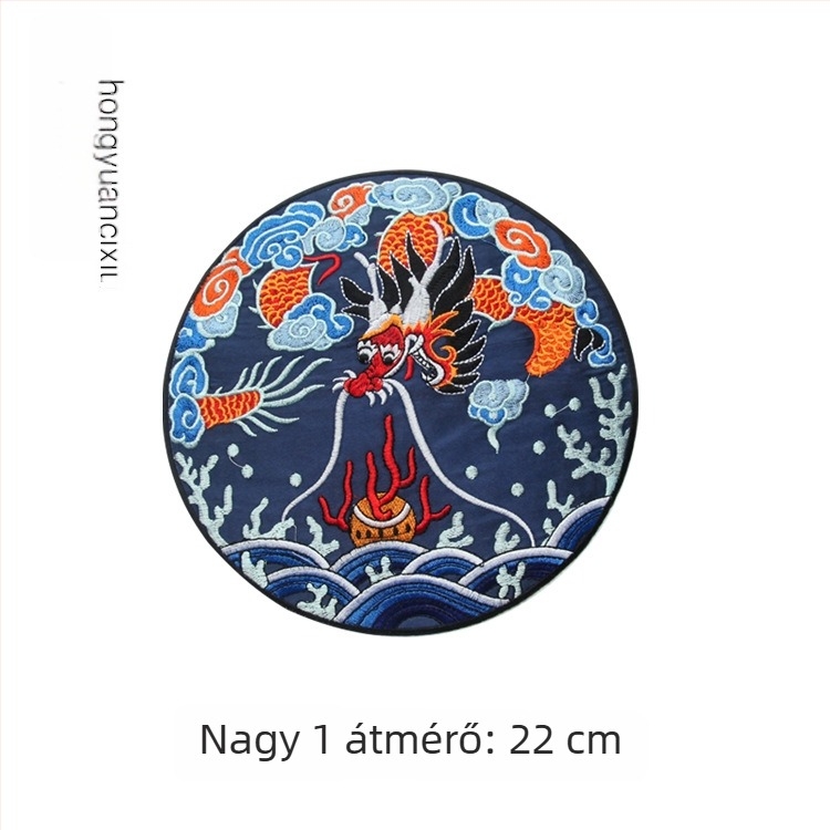 Sárkány hímzett kör alakú textilapplikáció Hanfu ruházathoz, díszítéshez