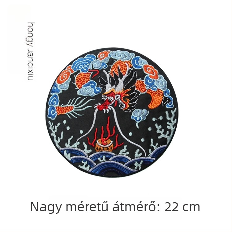 Sárkány hímzett kör alakú textilapplikáció Hanfu ruházathoz, díszítéshez