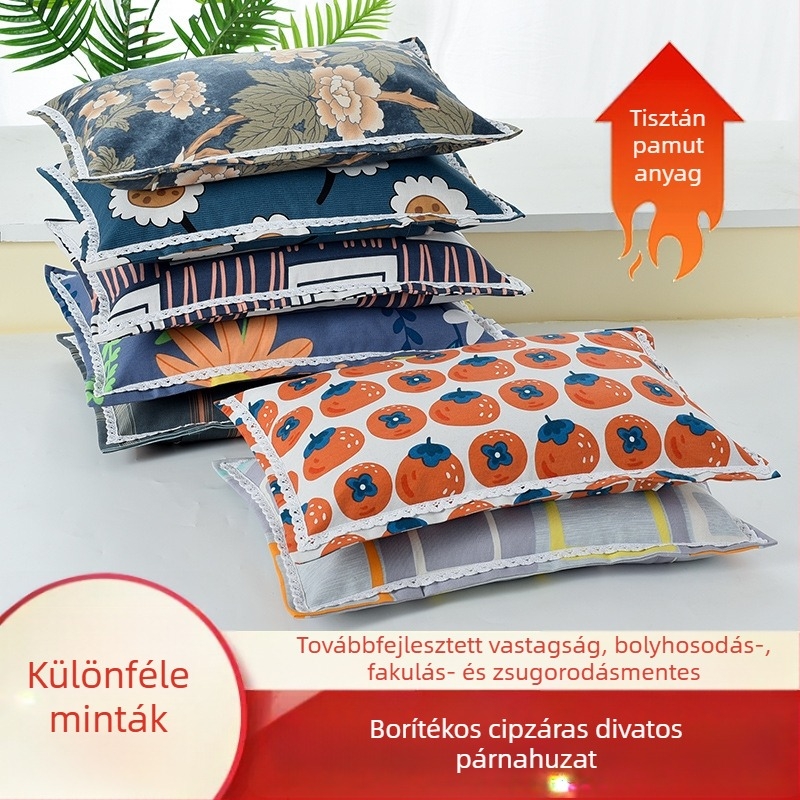 Pamut párnahuzat nyomtatott csipkével, 35×55 cm, világos kockás minta