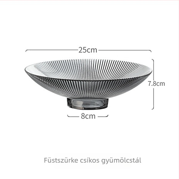Üvegből készült gyümölcstál, kör alakú, csíkos mintázat, modern minimál stílus, felületkezelés: elektroplating