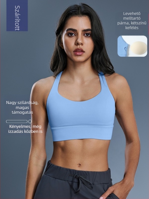 Női magas támogatású keresztpántos sportmelltartó push‑up effektussal, teljes kosár, közepes formázású kosarak, rögzített dupla vállpánt; nylon-elasztán keverék.