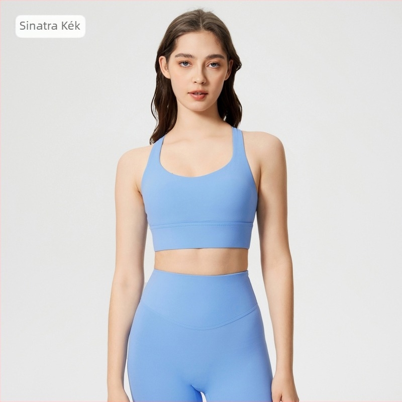 Női magas támogatású keresztpántos sportmelltartó push‑up effektussal, teljes kosár, közepes formázású kosarak, rögzített dupla vállpánt; nylon-elasztán keverék.