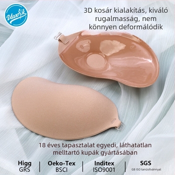 Légáteresztő, láthatatlan melltartó betét nőknek, mangóforma csésze, push-up hatású, varrás nélküli