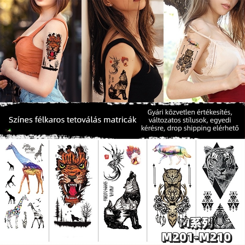 3D félkaros tetoválás matrica – tigris, farkas és szarvas motívumokkal; vízátvitel nyomtatás; testreszabható; logó nyomtatása; fél manuális gyártás