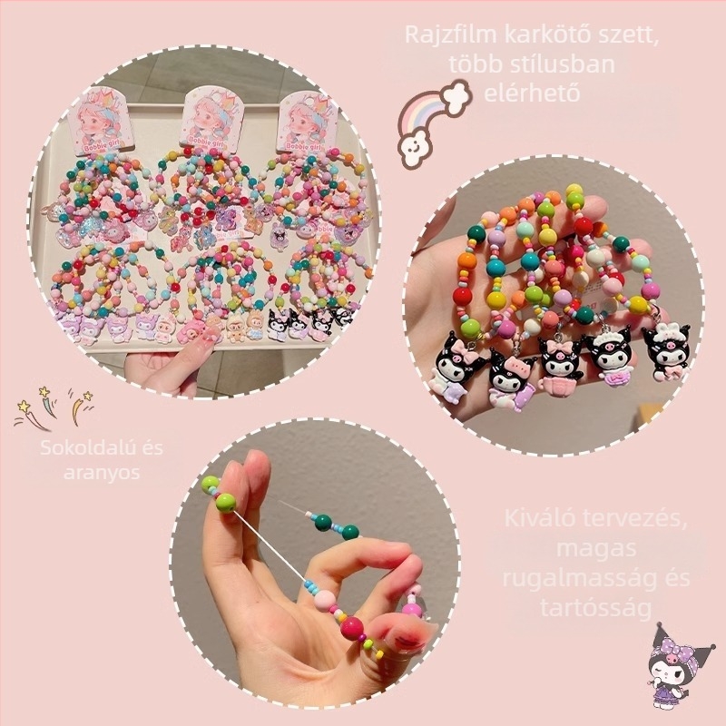 Kézzel készített gyerek karkötő műanyag/gyanta anyagból, rajzfilmszerű figurával, koreai stílusú, 5 darabos Princess sorozat, egyenként csomagolva.