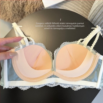Nylon csipkés melltartó készlet, 1/2 kosár formázott kosár, vékony felső rész és vastag alsó rész, fix dupla vállpántok, hátsó három sor kapocs