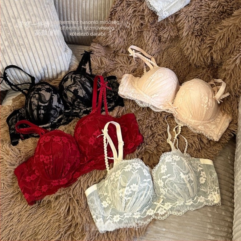 Nylon csipkés melltartó készlet, 1/2 kosár formázott kosár, vékony felső rész és vastag alsó rész, fix dupla vállpántok, hátsó három sor kapocs