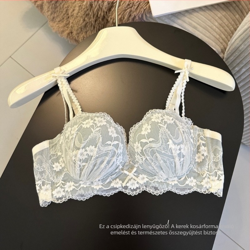 Nylon csipkés melltartó készlet, 1/2 kosár formázott kosár, vékony felső rész és vastag alsó rész, fix dupla vállpántok, hátsó három sor kapocs