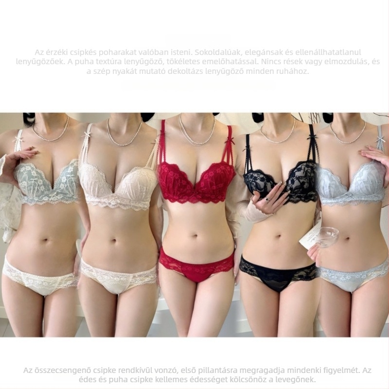 Nylon csipkés melltartó készlet, 1/2 kosár formázott kosár, vékony felső rész és vastag alsó rész, fix dupla vállpántok, hátsó három sor kapocs
