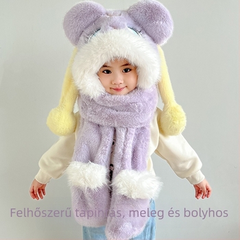 Gyerekek téli háromrészes sapka-sál-kesztyű készlet: nyúl szőrme sapka, fleece-betétes kesztyűk és sál hímzett részletekkel