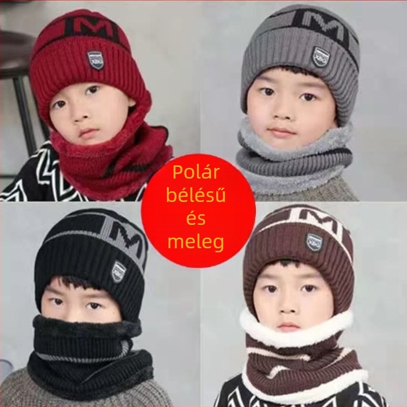 Koreai stílusú téli bébi sapka fleece belsővel és fülvédővel, nyakmelegítő készlet, uniszex, 0–6 hónap