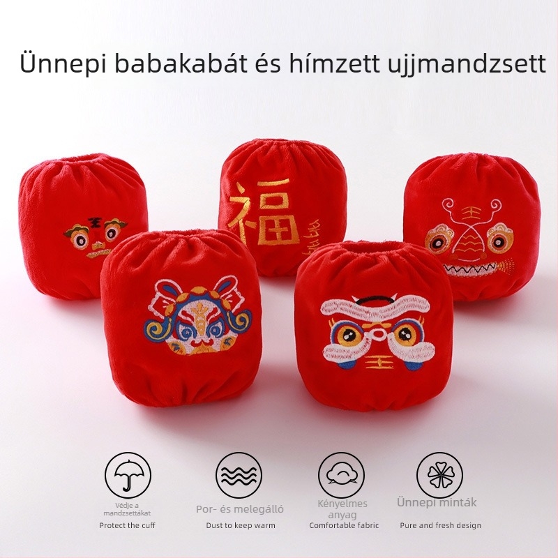 Meleg karvédők gyerekeknek, kínai stílusú hímzéssel, piros színben, Újévhez, 1–8 éveseknek.