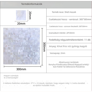 Kagyló-mózaik öntapadós belső falra való csempe — puzzle mintázat, vízálló, fényes felület (Anyag: Kagyló; Minta: Puzzle; Speciális cél: Vízálló; Alkalmazható felület: Belső fal)