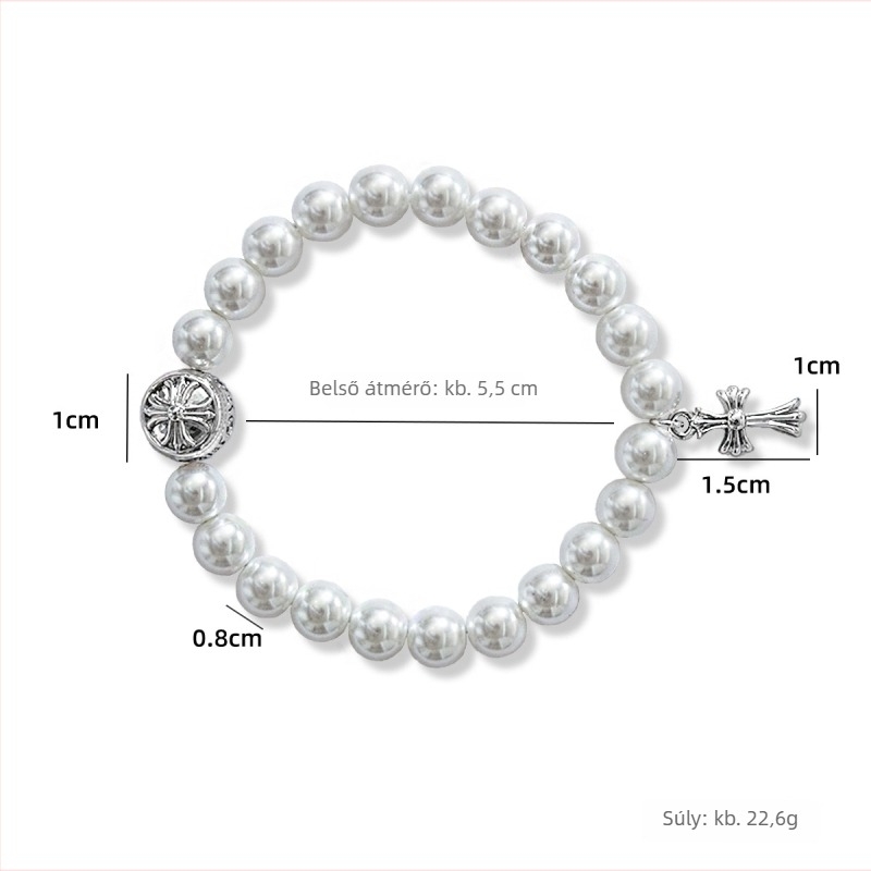 Műgyöngy kereszt nyaklánc sárgaréz medállal, geometriai gyöngy lánc, 44,6 g