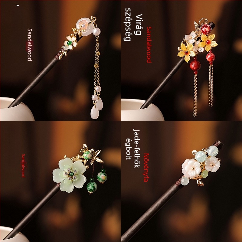 Fából készült hajtű füzérrel, kínai stílusú, masni kötés részlettel, egyedi csomagolásban, esküvőre (Tavasz 2025)