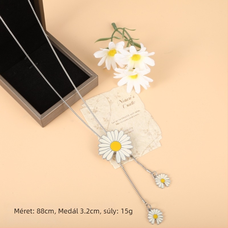 Koreai stílusú hosszú pulóver-nyaklánc virágmotívummal, ötvözet golyó lánccal, kockás mintázat