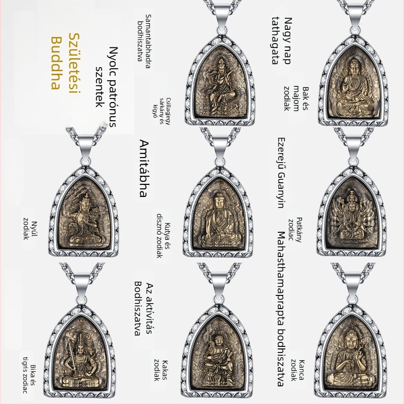 Titánium acélból készült Buddha medálos nyaklánc, nyolc védőszent, hátoldali zodiákus, gyémánt díszítés