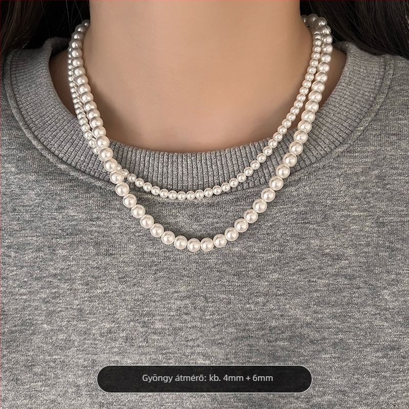 Gyöngy nyaklánc gyöngyház medállal, U-formájú kialakítás, Seiko kezelés, egyszerű, texturált, könnyed luxus stílus