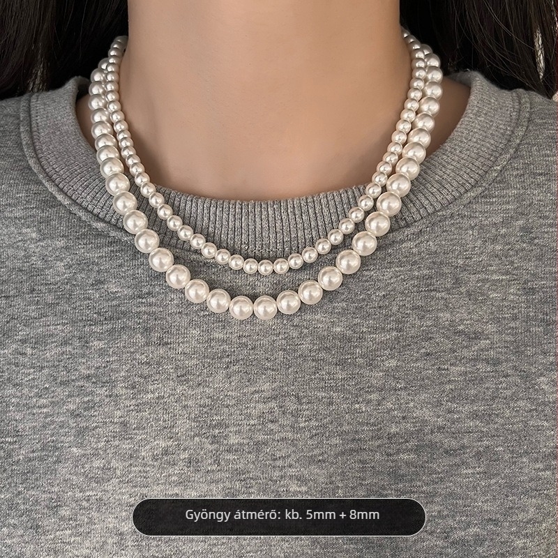 Gyöngy nyaklánc gyöngyház medállal, U-formájú kialakítás, Seiko kezelés, egyszerű, texturált, könnyed luxus stílus