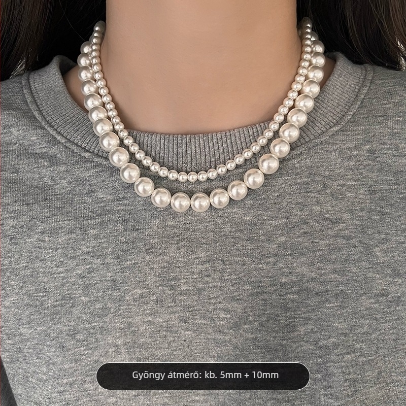 Gyöngy nyaklánc gyöngyház medállal, U-formájú kialakítás, Seiko kezelés, egyszerű, texturált, könnyed luxus stílus