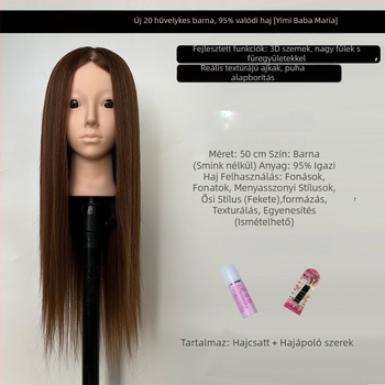 XY-004 parókafej-modell hajvágási gyakorlathoz, kevert hajból, hosszú egyenes haj frufruval, sík vagy ferde frufru, középhosszú