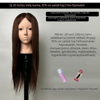 XY-004 parókafej-modell hajvágási gyakorlathoz, kevert hajból, hosszú egyenes haj frufruval, sík vagy ferde frufru, középhosszú
