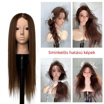 XY-004 parókafej-modell hajvágási gyakorlathoz, kevert hajból, hosszú egyenes haj frufruval, sík vagy ferde frufru, középhosszú