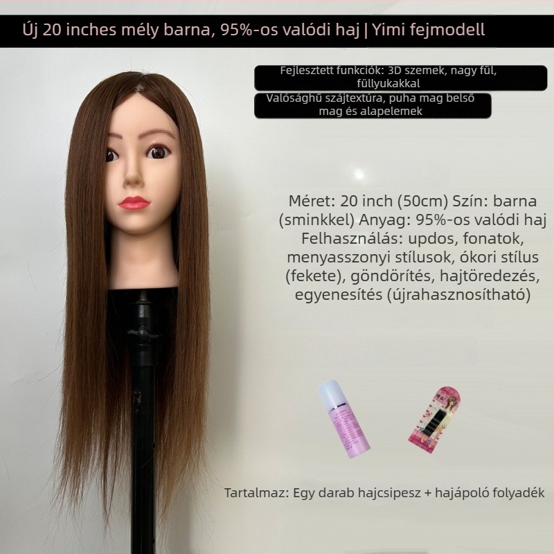 XY-004 parókafej-modell hajvágási gyakorlathoz, kevert hajból, hosszú egyenes haj frufruval, sík vagy ferde frufru, középhosszú