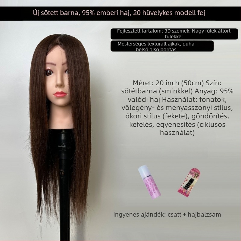 XY-004 parókafej-modell hajvágási gyakorlathoz, kevert hajból, hosszú egyenes haj frufruval, sík vagy ferde frufru, középhosszú