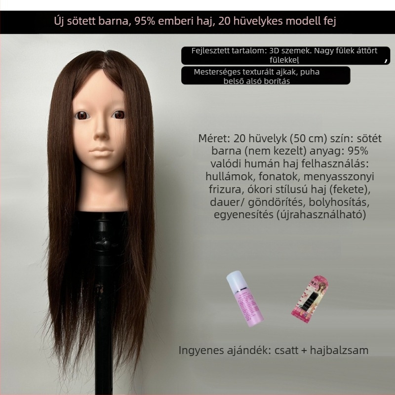 XY-004 parókafej-modell hajvágási gyakorlathoz, kevert hajból, hosszú egyenes haj frufruval, sík vagy ferde frufru, középhosszú