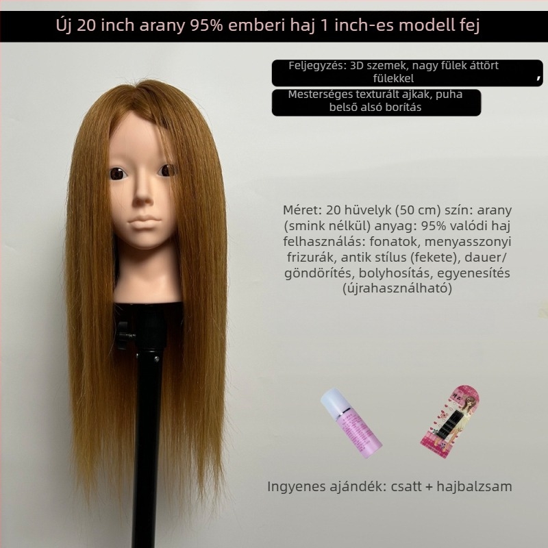 XY-004 parókafej-modell hajvágási gyakorlathoz, kevert hajból, hosszú egyenes haj frufruval, sík vagy ferde frufru, középhosszú