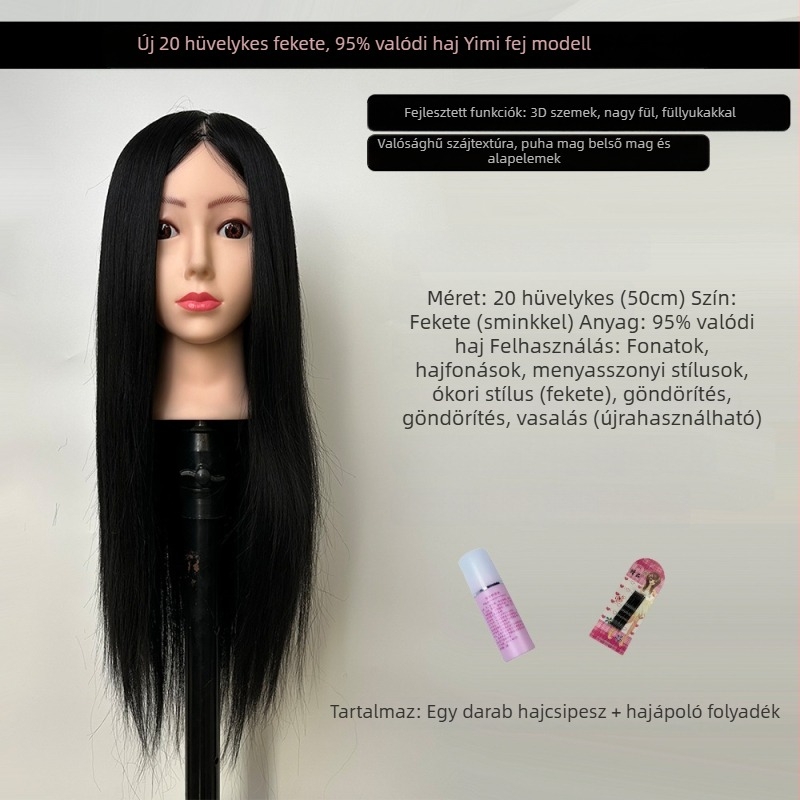 XY-004 parókafej-modell hajvágási gyakorlathoz, kevert hajból, hosszú egyenes haj frufruval, sík vagy ferde frufru, középhosszú
