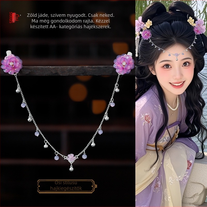 Hanfu-stílusú homlokdísz, ötvözet, vintage hajkiegészítő kamélia virággal, kézzel kötött, kód A355, származás: Jinhua