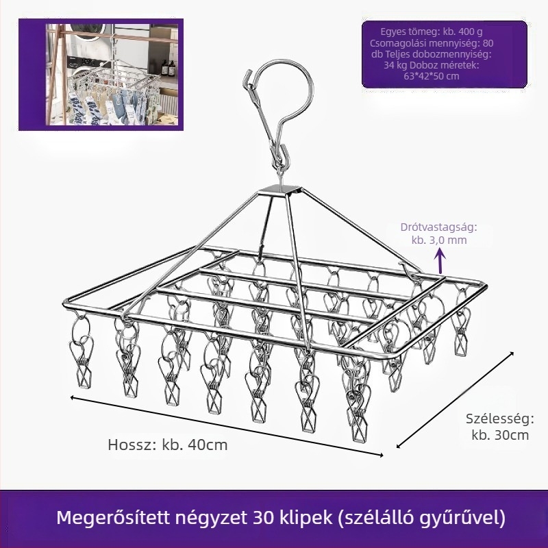 Rozsdamentes acél szárító klipek, modell YDX-FX30, 100 darabos csomag, fehérneműre, nadrágra és zoknikra