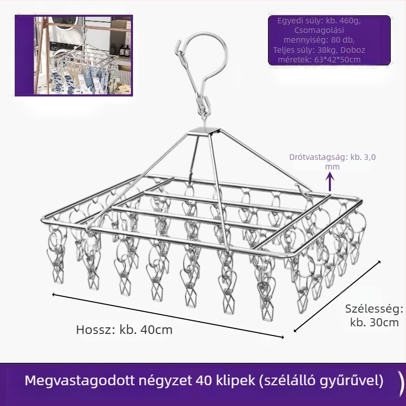 Rozsdamentes acél szárító klipek, modell YDX-FX30, 100 darabos csomag, fehérneműre, nadrágra és zoknikra