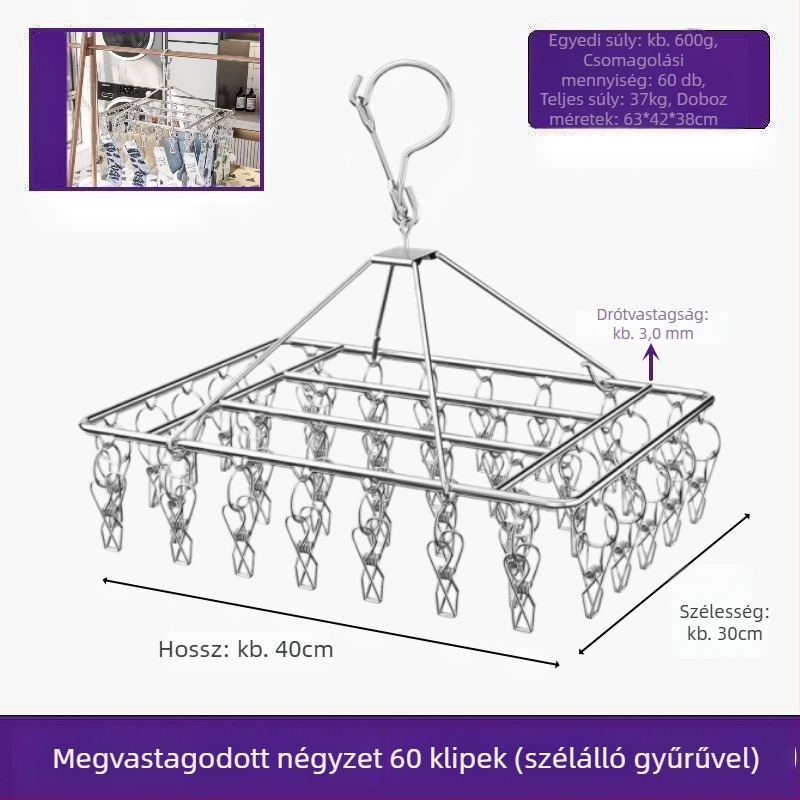 Rozsdamentes acél szárító klipek, modell YDX-FX30, 100 darabos csomag, fehérneműre, nadrágra és zoknikra
