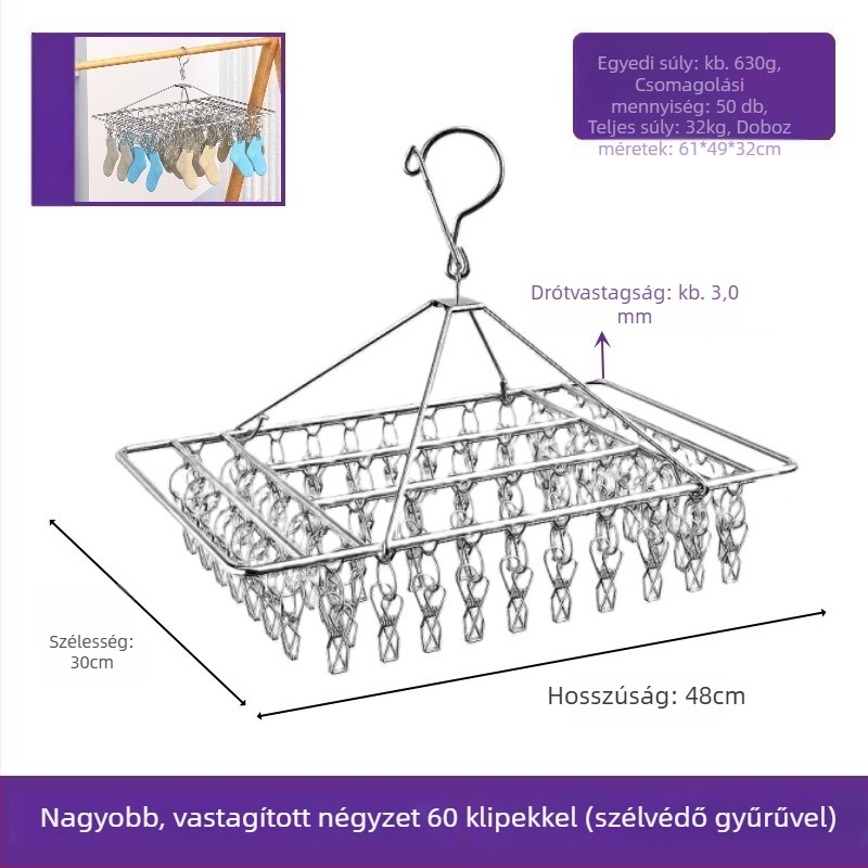 Rozsdamentes acél szárító klipek, modell YDX-FX30, 100 darabos csomag, fehérneműre, nadrágra és zoknikra