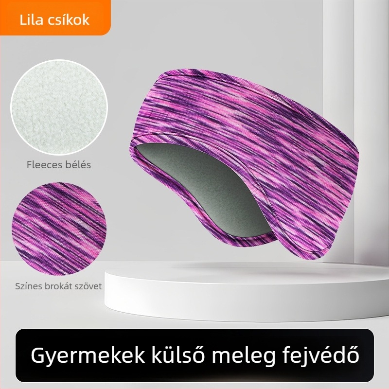 Gyerekeknek való téli fejpánt dupla fleece belsővel, csíkos mintával, poliészter anyag, minimalist stílus