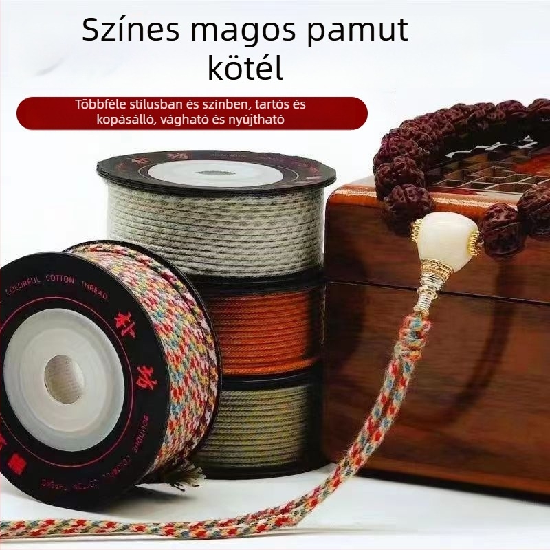 Kézzel szőtt, több színű pamutmagú zsinór medállal és gyöngyökkel