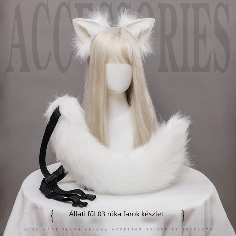 Cosplay róka fül és farok készlet, kézzel készített plüss, fejpánt a fejen a farokkal, textilanyag