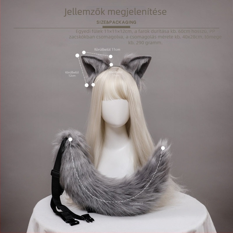 Cosplay róka fül és farok készlet, kézzel készített plüss, fejpánt a fejen a farokkal, textilanyag