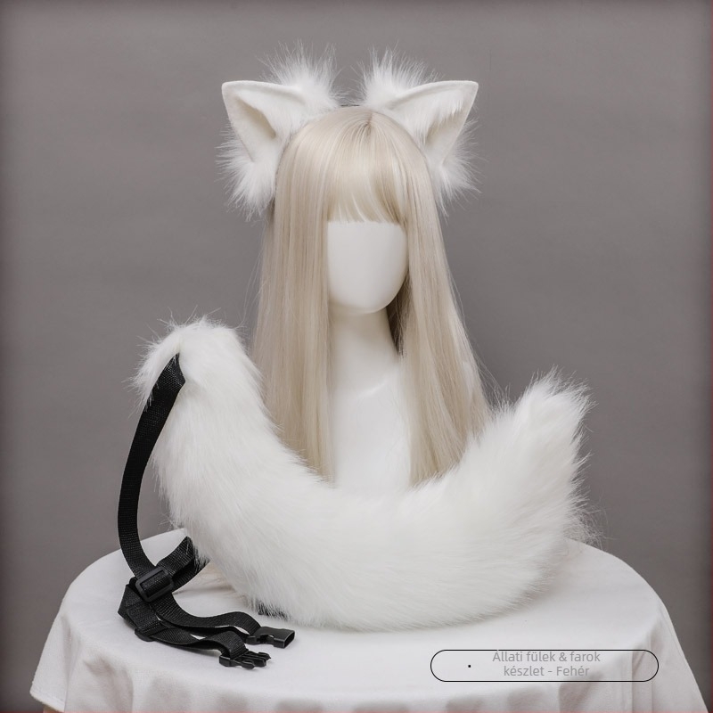 Cosplay róka fül és farok készlet, kézzel készített plüss, fejpánt a fejen a farokkal, textilanyag