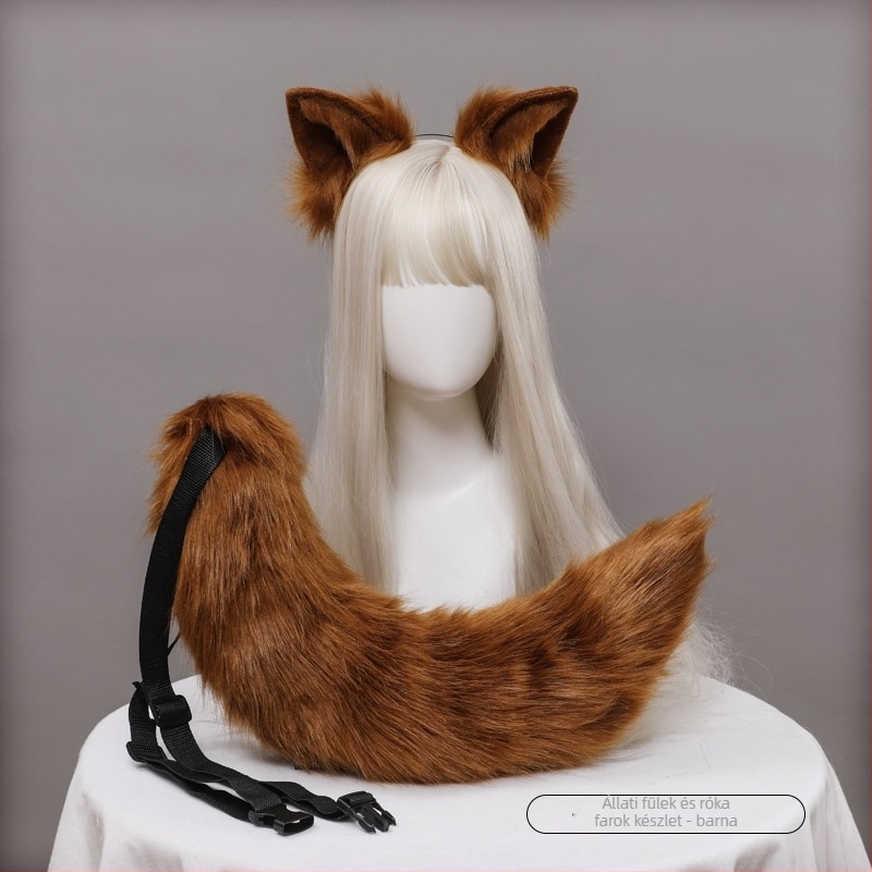 Cosplay róka fül és farok készlet, kézzel készített plüss, fejpánt a fejen a farokkal, textilanyag