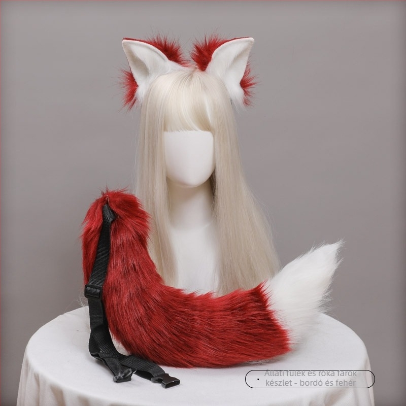 Cosplay róka fül és farok készlet, kézzel készített plüss, fejpánt a fejen a farokkal, textilanyag