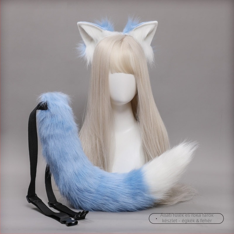 Cosplay róka fül és farok készlet, kézzel készített plüss, fejpánt a fejen a farokkal, textilanyag